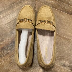 Cvistpieo Faux Suede Beige Pull-on Penny Loafers with Gold Buckle [Size: 11]